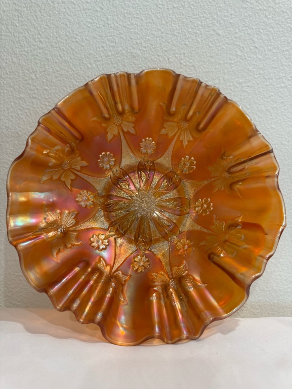 Iridescent Orange Floral Carnival Glass Decorative Bowl